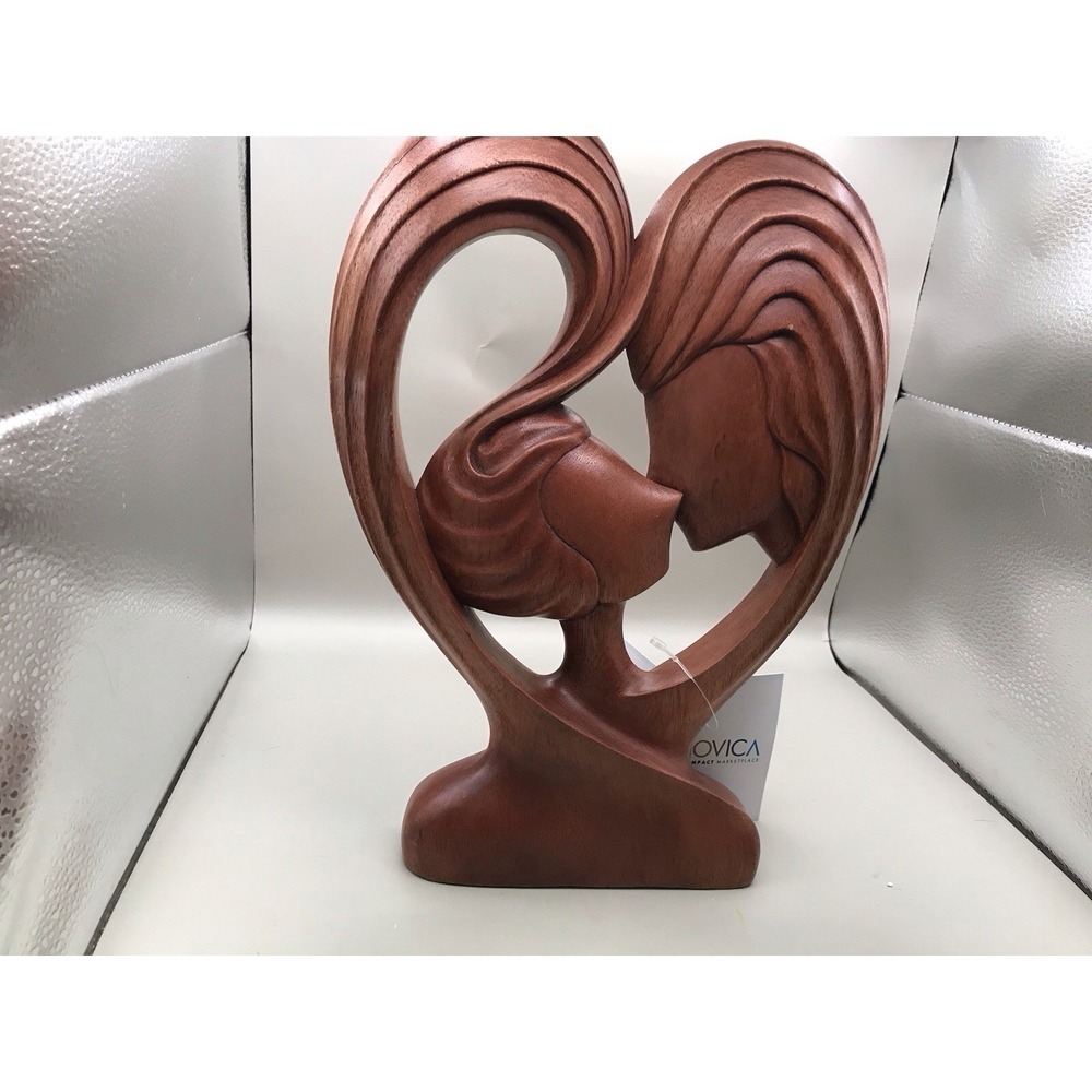 "Heart's Kiss" Sculpture By Balinese Artisan Nyoman Sudiana F/Suar Wood Romantic